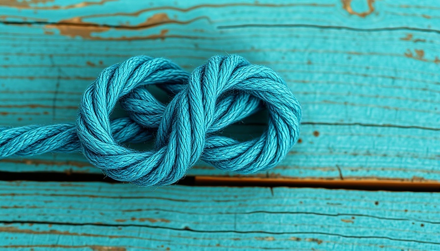 Close-up of blue rope knot on weathered wood background.