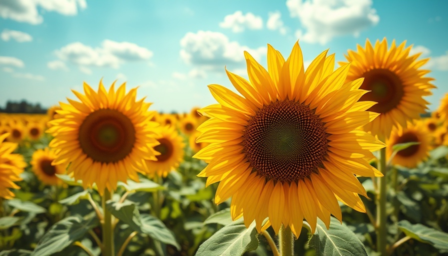 Sunflower field in bright daylight with blue sky.