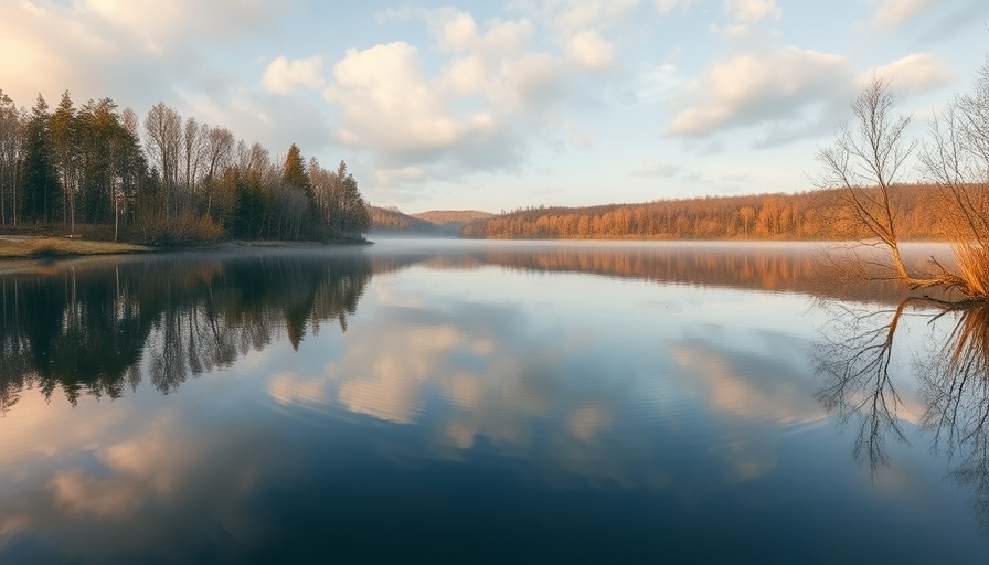 Serene lake view reflecting trees, ideal for Stoic and Zen practices.