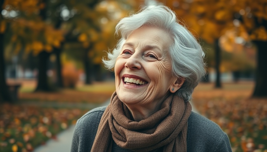 Joyful elderly woman embracing aging in a park, overcoming the fear of aging.