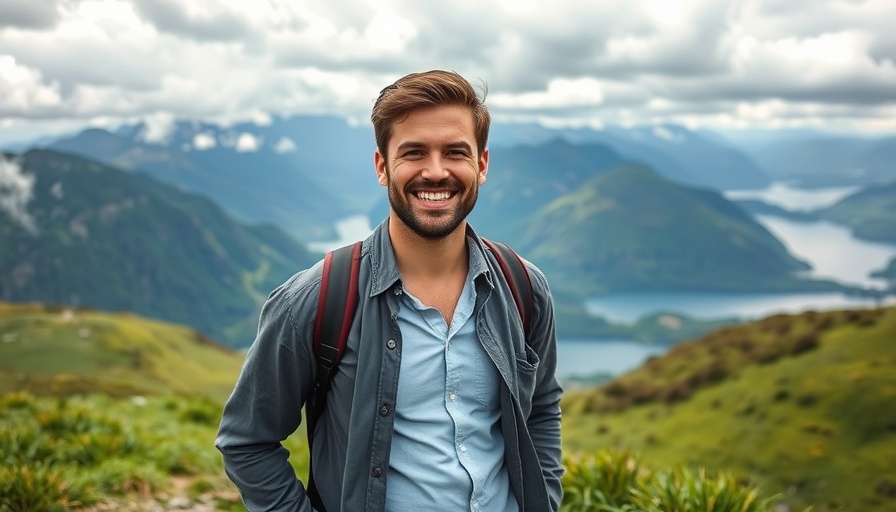 Smiling man enjoying a mountain view, traveling on a budget.