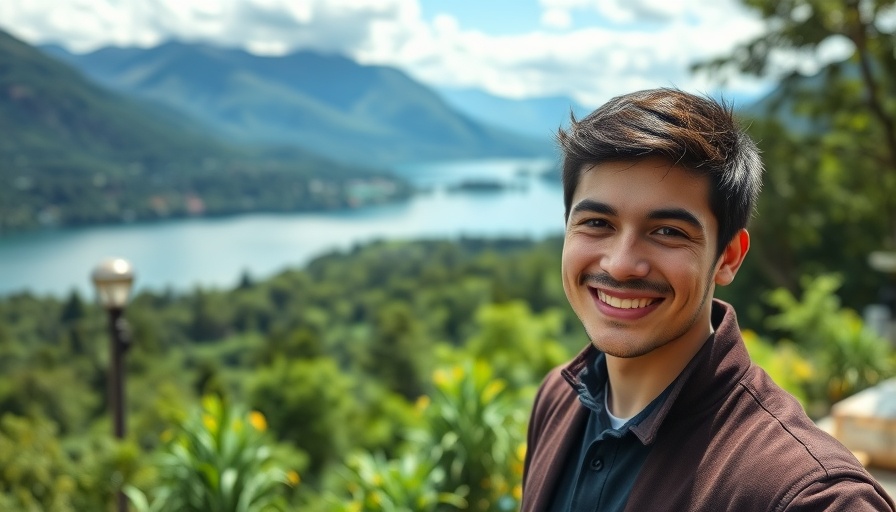 Young man enjoying scenic mountain view, travel on a budget inspiration.