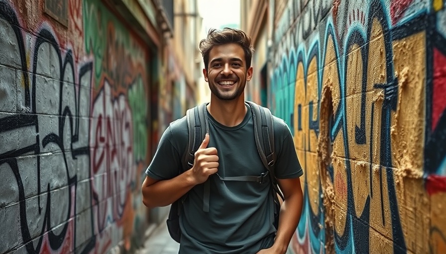 Smiling traveler exploring narrow alley for the best travel deals.