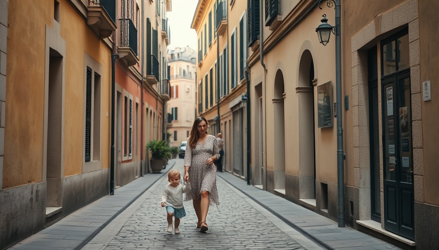 Mother and child explore charming European street, toddler-friendly travel.