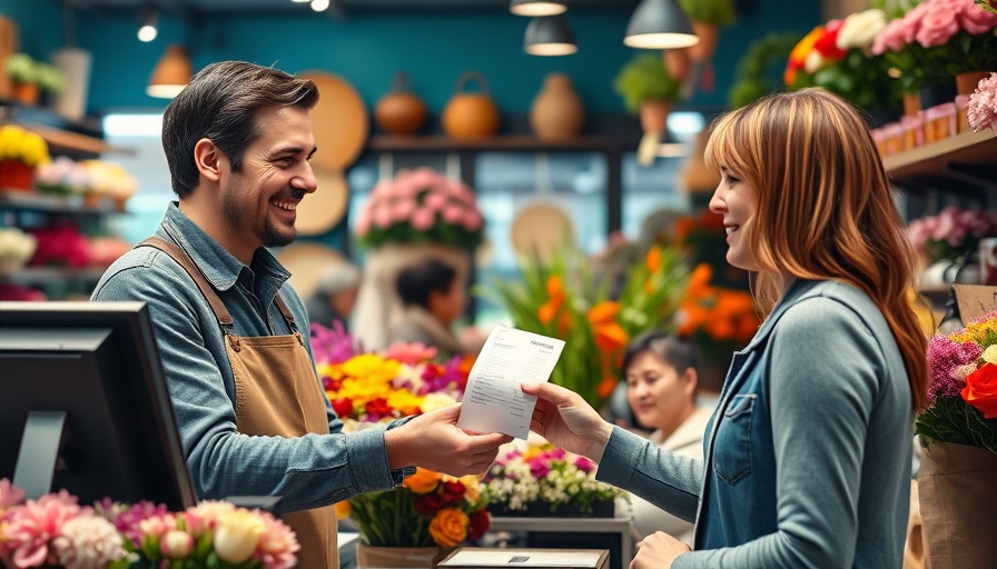 Customer and shopkeeper exchanging receipt in flower shop, Chase Freedom 5% cash back.