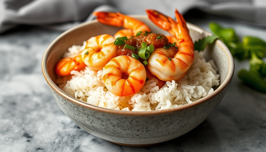 Salsa verde shrimp and rice served in a speckled bowl.