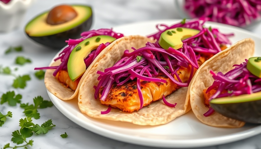 Chipotle Salmon Tacos with red cabbage on a marble surface