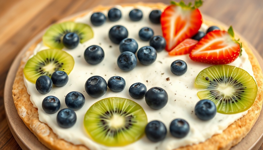 Cottage cheese protein fruit pizza topped with grapes, blueberries, strawberries, and kiwi.