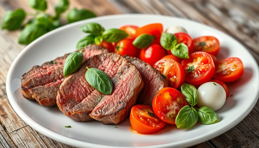 Seared Balsamic Steak Caprese with colorful salad.