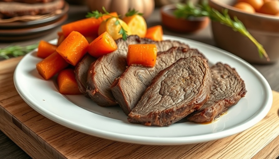 Jewish brisket recipe with carrots and potatoes on plate.