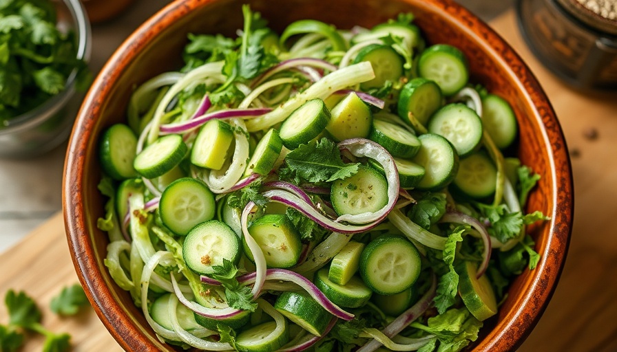 Vibrant Green Goddess Salad in a ceramic bowl with cucumbers.
