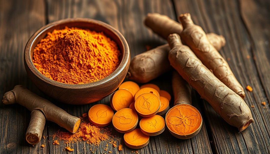 Turmeric for Hair Growth: vibrant turmeric and roots on wood.