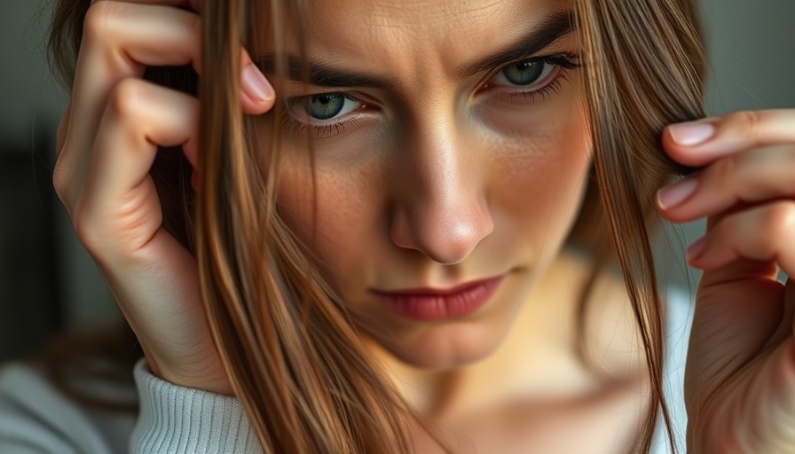 Woman examining split ends, natural home hair care.