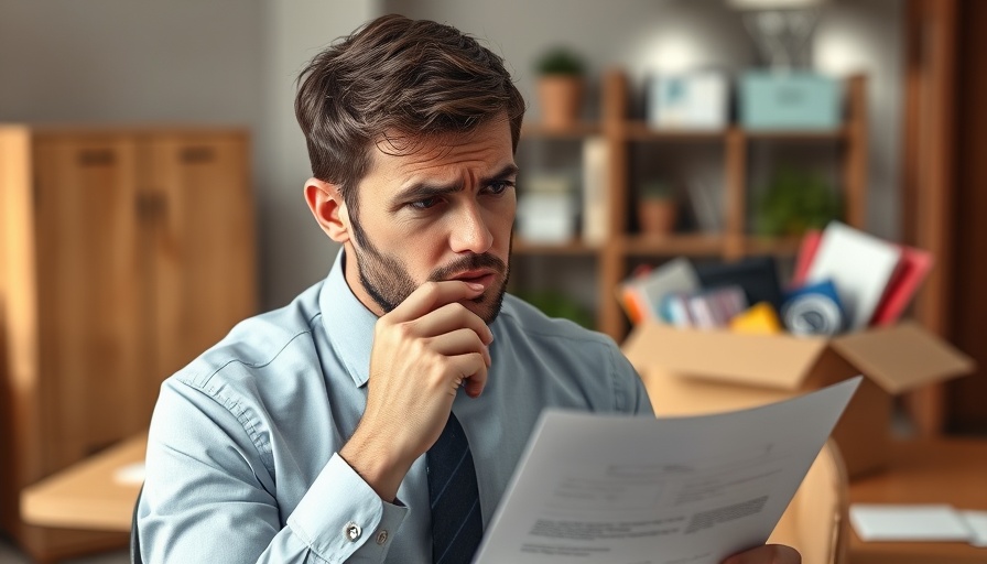 Worried bank employee reading document at desk.