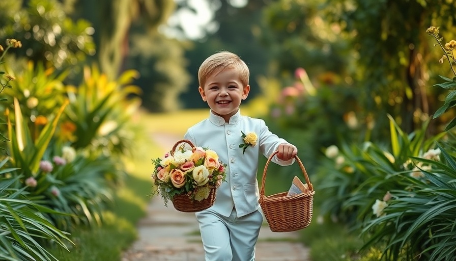 Flower boy in weddings walking with a basket in a garden path.