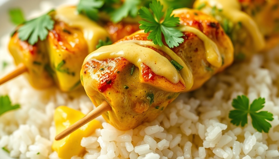 Appetizing green curry chicken skewers with cilantro on rice