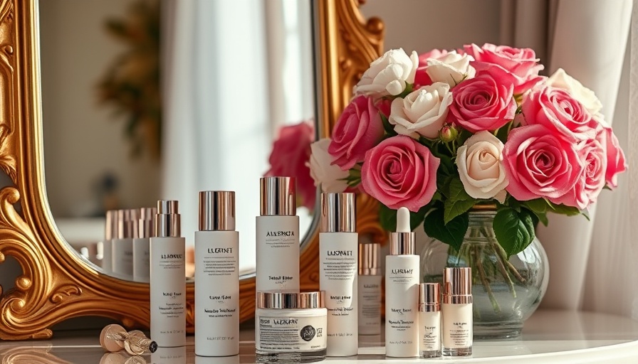 Elegant skin care display with products and flowers in a relaxing setting.