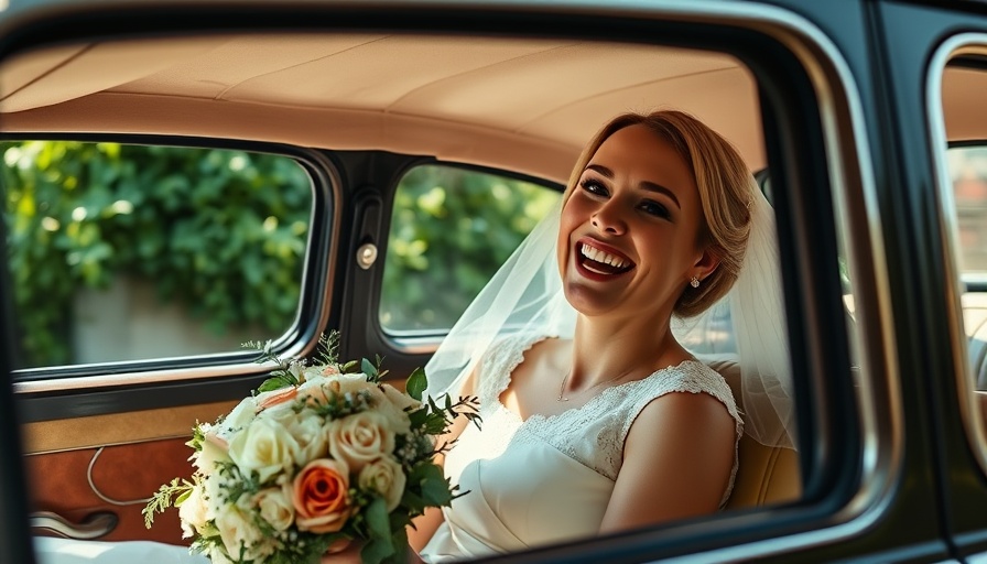 Joyful bride smiling with bouquet in vintage car, vibrant outdoor scene.