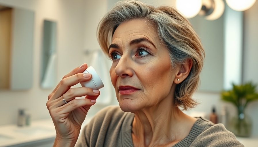 Makeup in your 40s: Woman applying skincare in bathroom mirror.