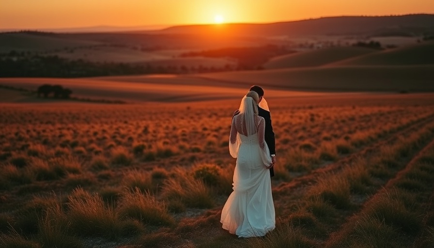 Romantic couple in wedding attire walking at sunset in open field