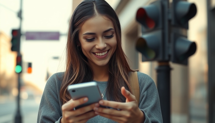 Young woman smiling at smartphone by traffic light in urban setting.