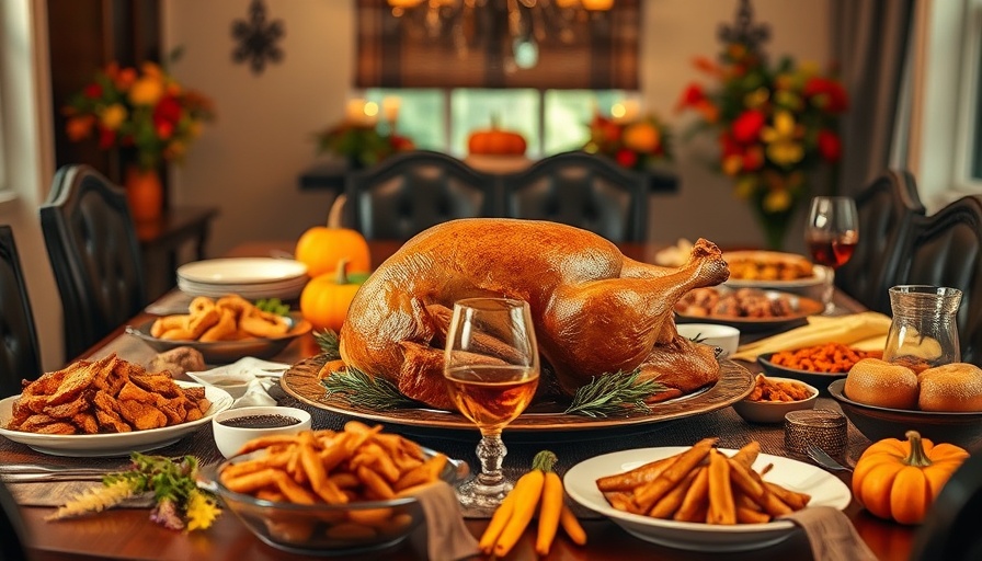 Festive Thanksgiving table with turkey and side dishes, avoiding politics over holidays.