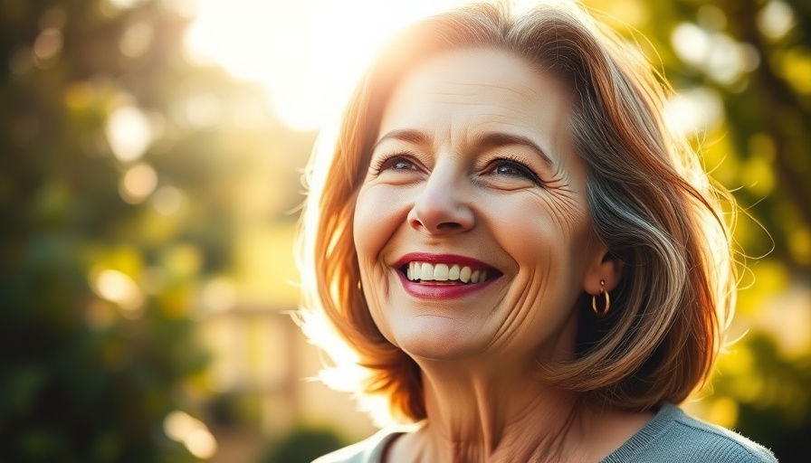 Smiling middle-aged woman enjoying sunlight, stress management.