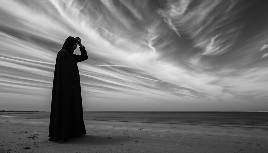 Distressed figure on beach symbolizes self-sabotage in relationships.