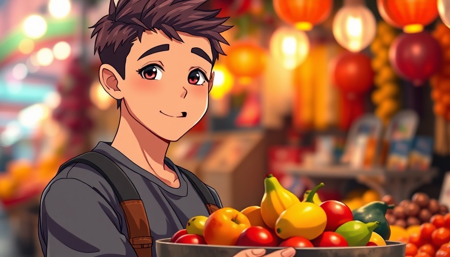 Anime-style sign he wants a serious relationship, young man with fruit tray