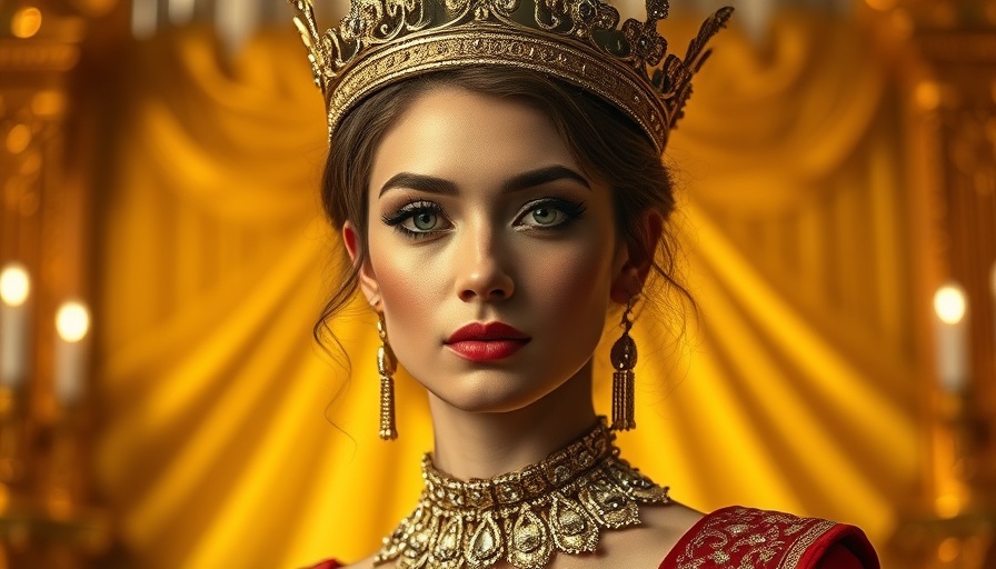 Regal woman with crown exuding confidence against a golden backdrop.