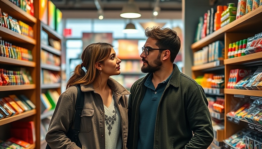 Couple discussing healthy relationships in a colorful store.