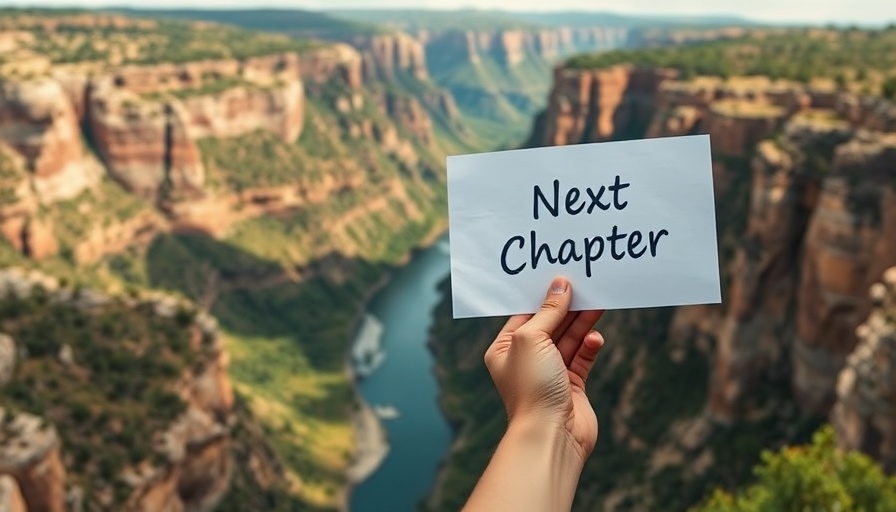 Hand with 'Next Chapter' sign over canyon, symbolizing growth.