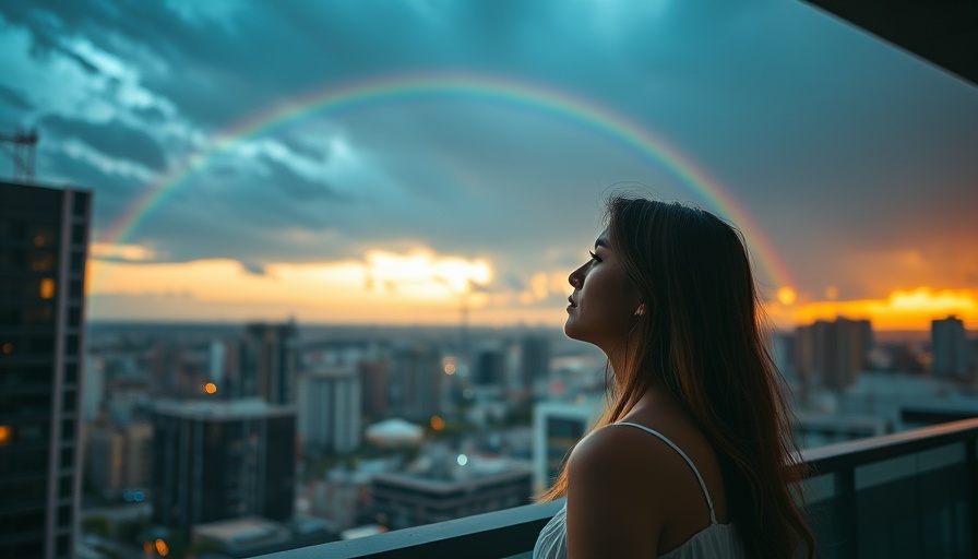 Serene woman on balcony under rainbow, reflecting on navigating grief.