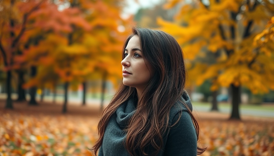 Thoughtful woman in autumn park, contemplating relationship advice.