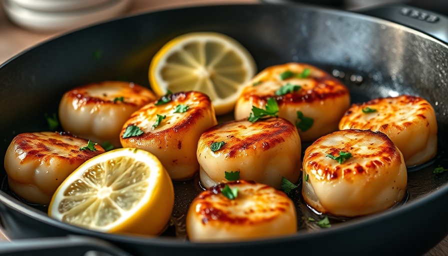 Pan-seared scallops recipe with lemon and herbs sizzling in a skillet.