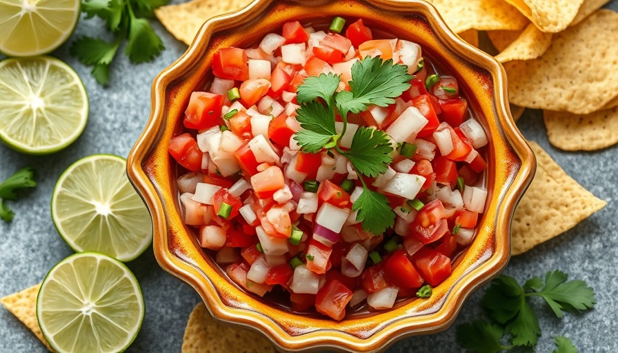 Vibrant pico de gallo in ceramic bowl with tortilla chips.