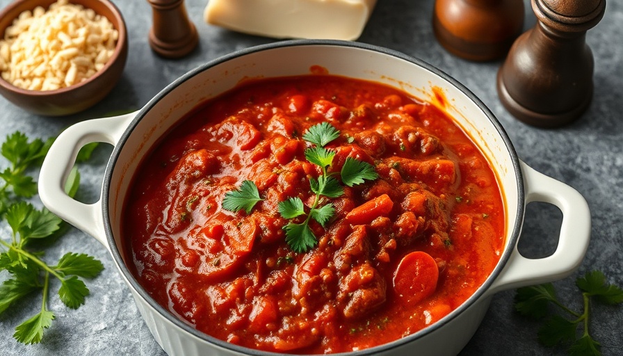 Delicious homemade spaghetti sauce recipe in a pot, garnished with herbs.