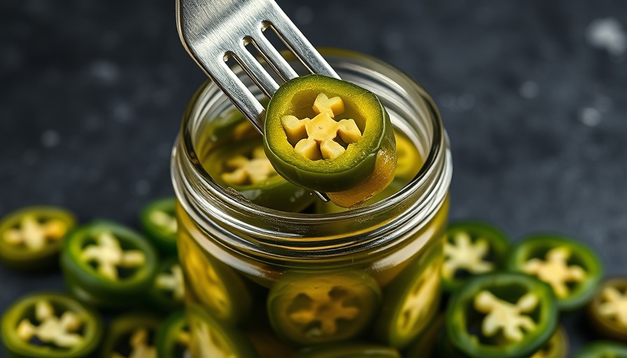Pickled jalapeños in a jar with a fork lifting slices.