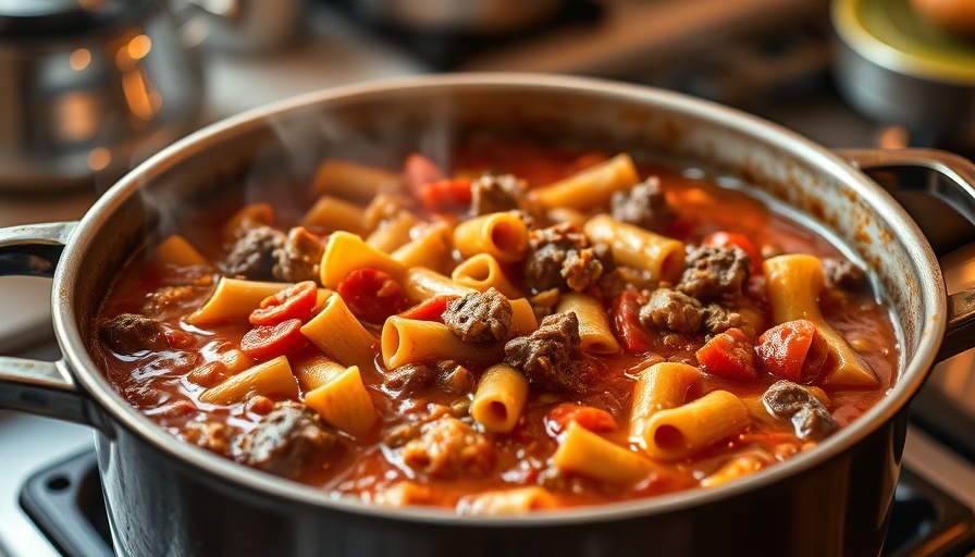 Hearty American Goulash simmering in a pot.