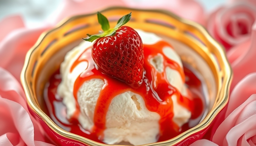 Homemade strawberry syrup on ice cream in gold bowl.