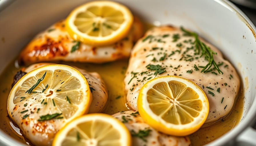 Easy Lemon Herb Baked Chicken with lemon slices and herbs in a dish.