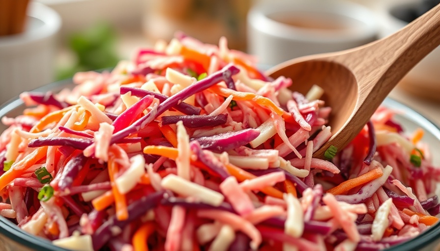 Classic coleslaw recipe in a bowl with a wooden spoon.