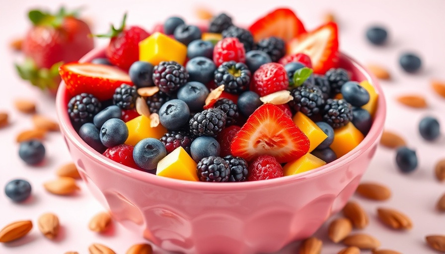 Vibrant fruit and nut bowl with colorful berries and mango.
