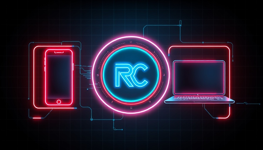 Futuristic neon app ecosystem with RC logo and devices for developers.