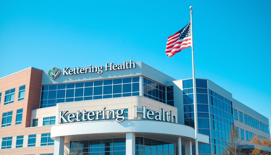 Kettering Health exterior with American flag, clear sky background.