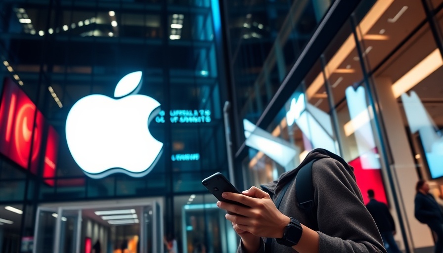 A man using a smartphone in front of an Apple store, exploring iOS 19 changes for family technology use.