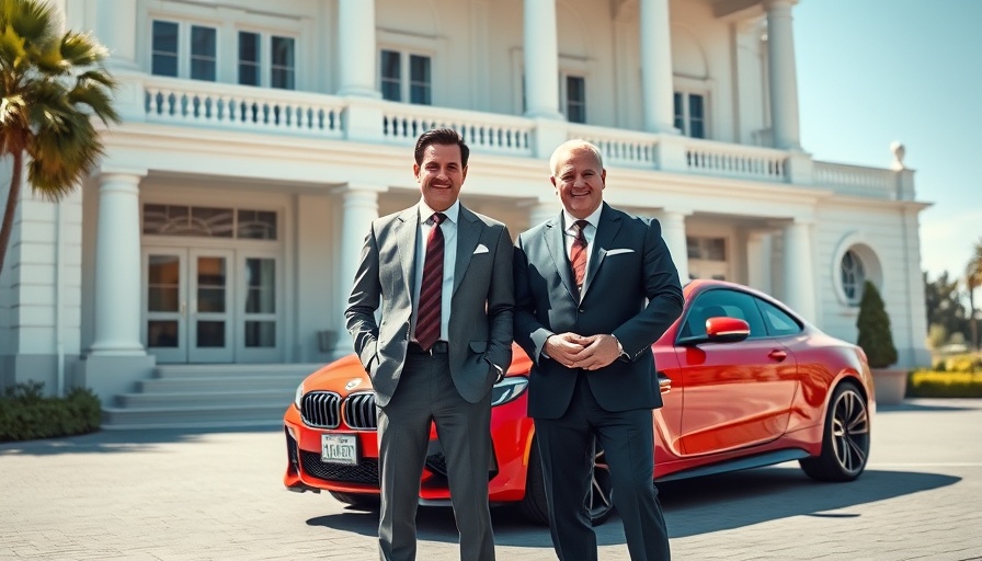 Two men and a red car in front of a white building