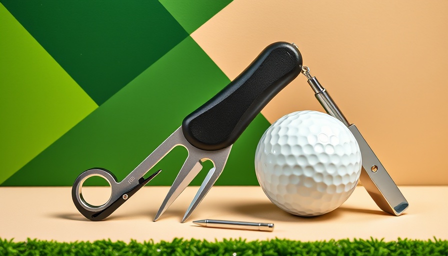 Best golf gifts including a divot tool, golf ball, and cleaner on a patterned background.