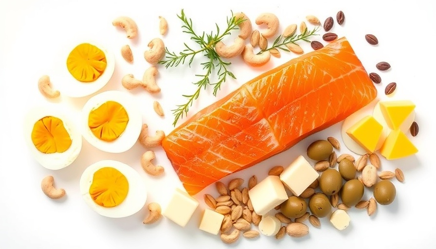 Keto diet foods including salmon, eggs, and nuts.