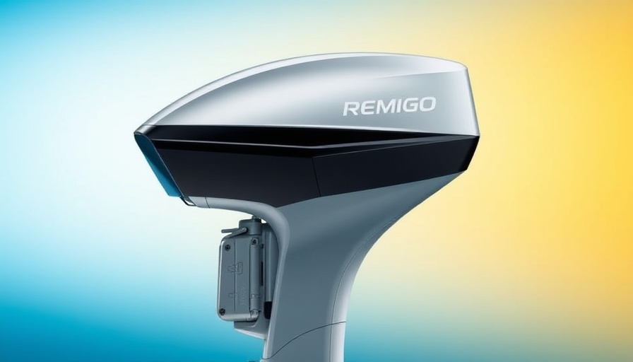 Remigo One electric outboard motor in a sleek, modern design against a blue-yellow gradient background.